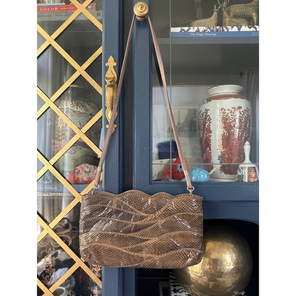 Vintage 70s Sylvia Snakeskin Convertible Clutch Shoulder Bag Brown 11"x7" - Picture 3 of 9